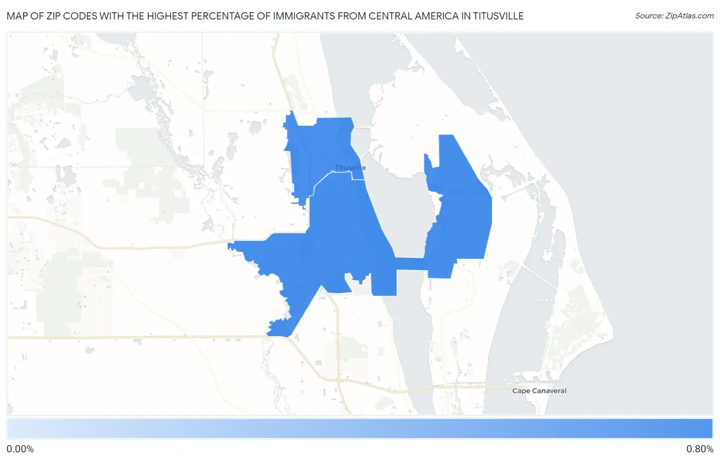 Zip Codes with the Highest Percentage of Immigrants from Central America in Titusville Map