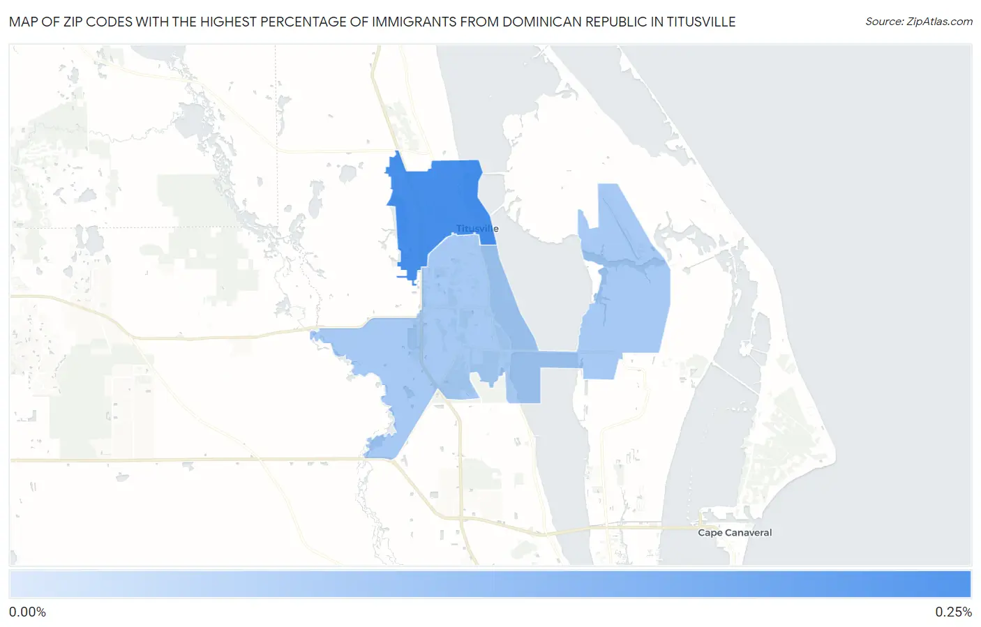 Zip Codes with the Highest Percentage of Immigrants from Dominican Republic in Titusville Map
