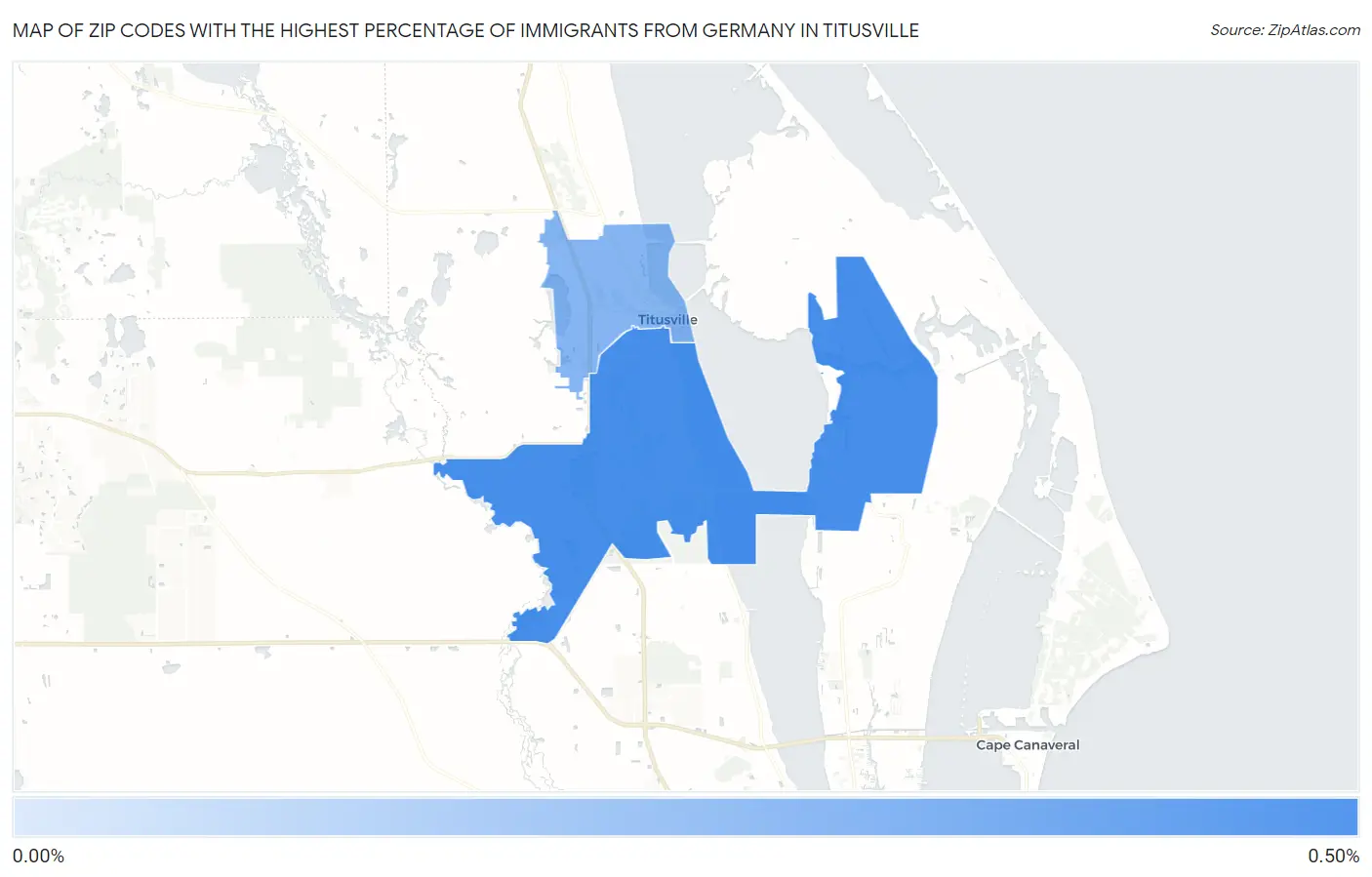 Zip Codes with the Highest Percentage of Immigrants from Germany in Titusville Map