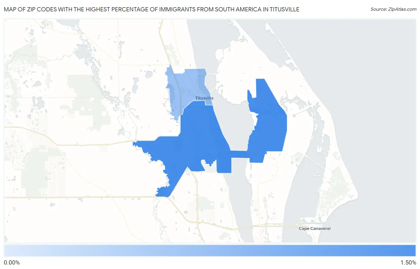 Zip Codes with the Highest Percentage of Immigrants from South America in Titusville Map