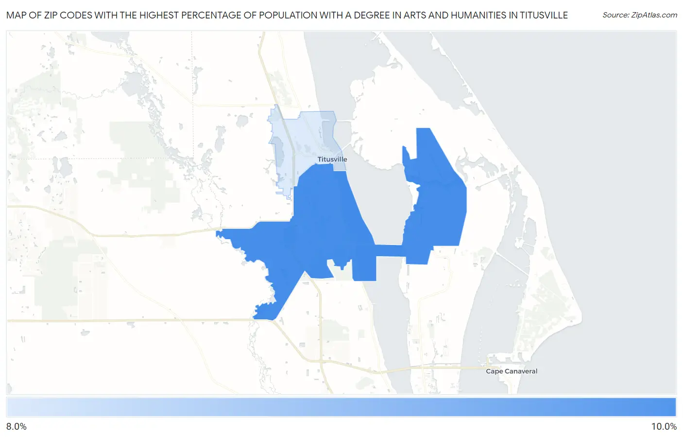 Zip Codes with the Highest Percentage of Population with a Degree in Arts and Humanities in Titusville Map