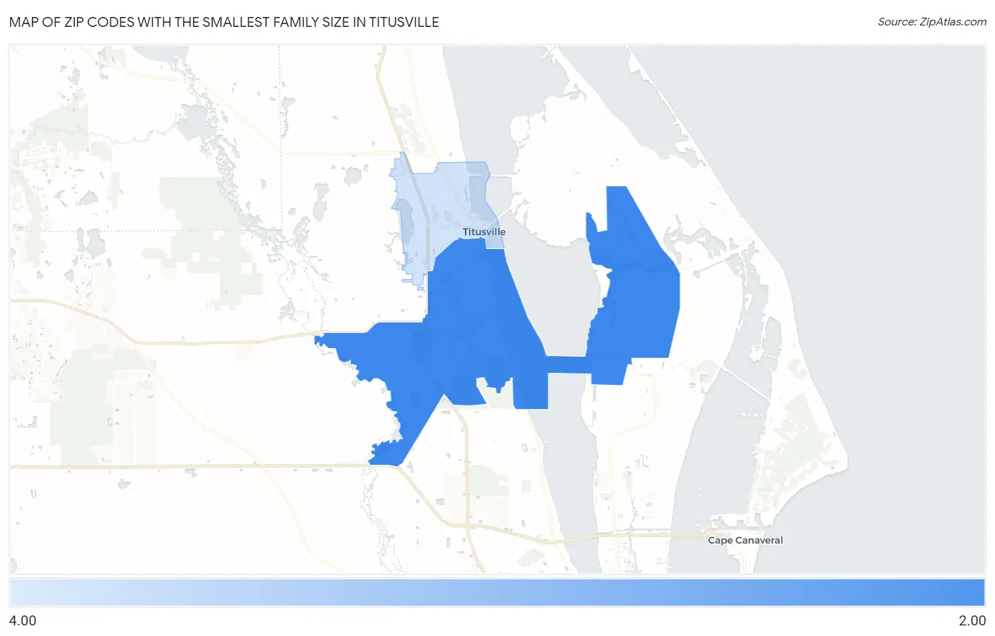 Zip Codes with the Smallest Family Size in Titusville Map