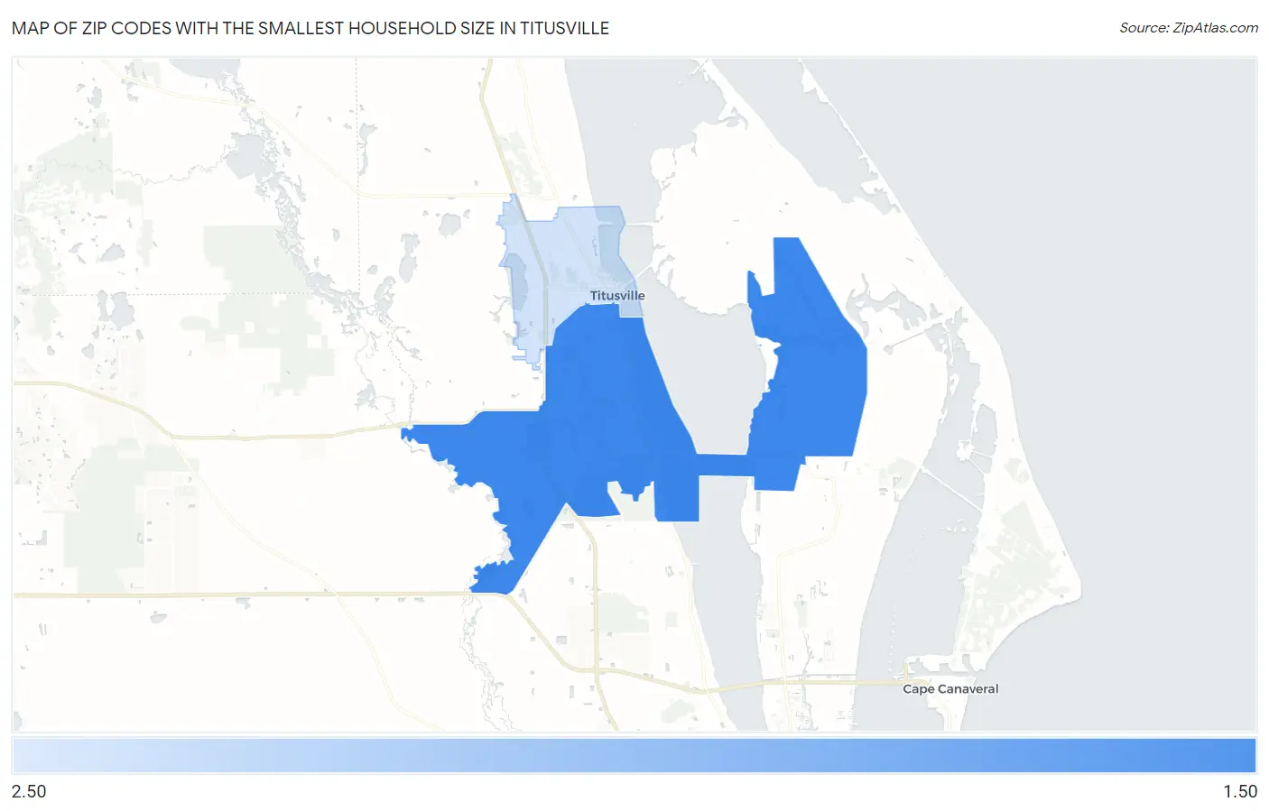 Zip Codes with the Smallest Household Size in Titusville Map
