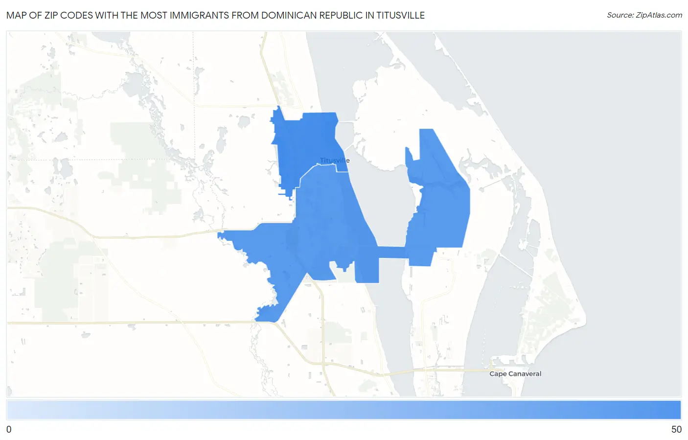 Zip Codes with the Most Immigrants from Dominican Republic in Titusville Map