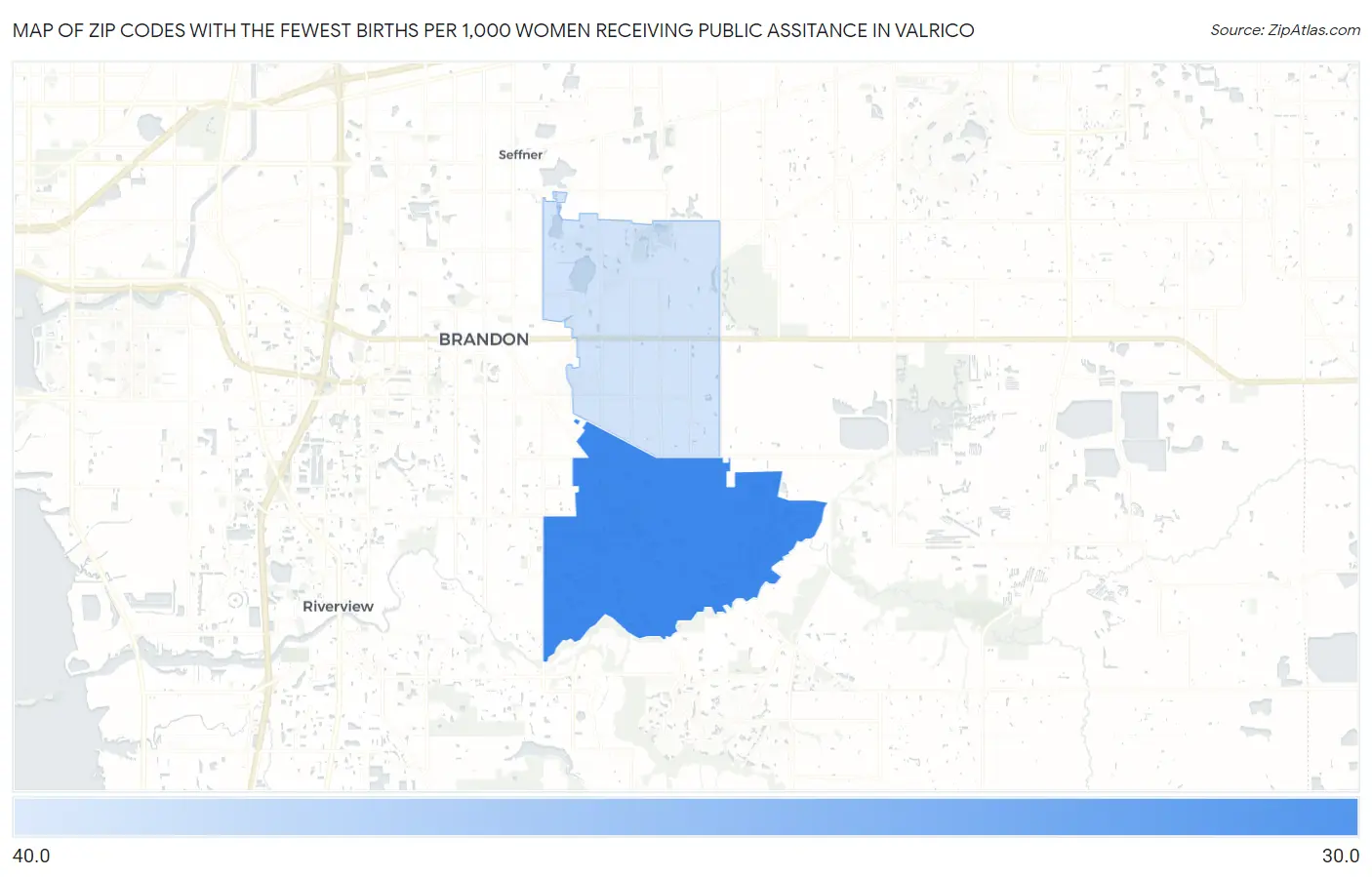 Zip Codes with the Fewest Births per 1,000 Women Receiving Public Assitance in Valrico Map