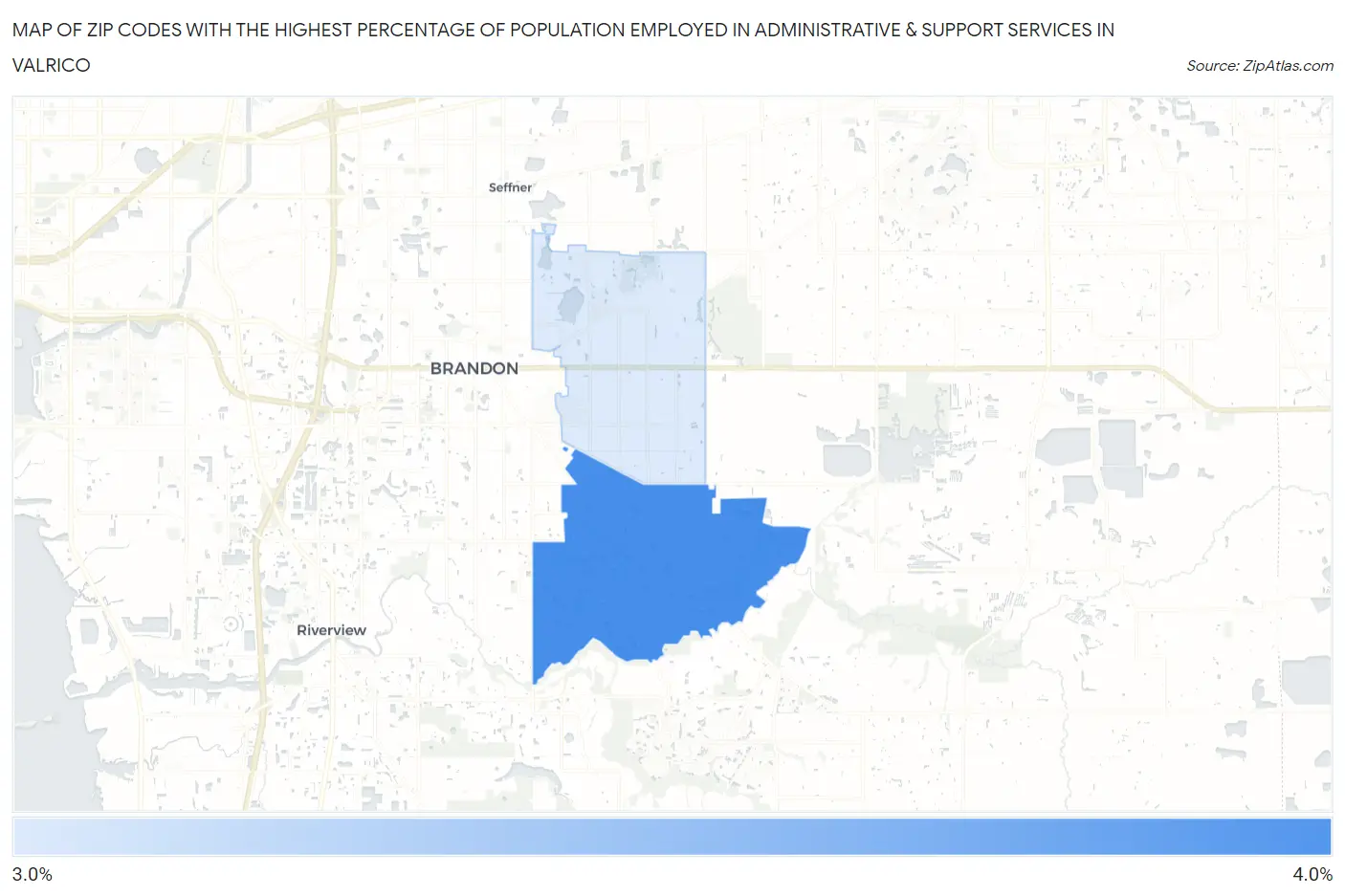 Zip Codes with the Highest Percentage of Population Employed in Administrative & Support Services in Valrico Map