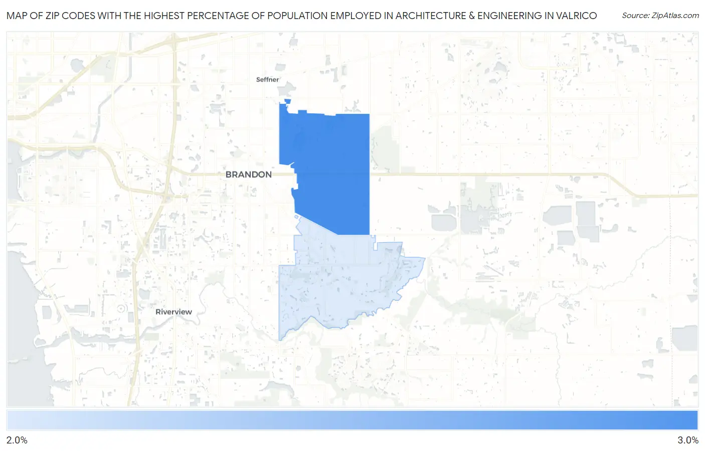 Zip Codes with the Highest Percentage of Population Employed in Architecture & Engineering in Valrico Map