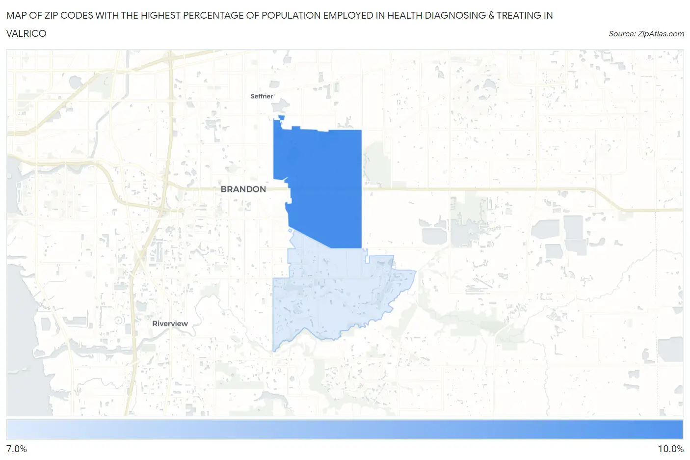 Zip Codes with the Highest Percentage of Population Employed in Health Diagnosing & Treating in Valrico Map