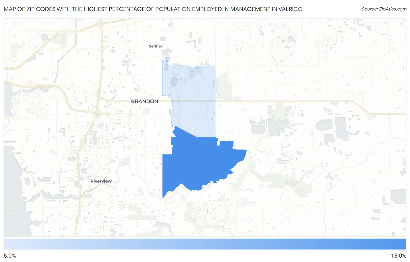 Zip Codes with the Highest Percentage of Population Employed in Management in Valrico Map