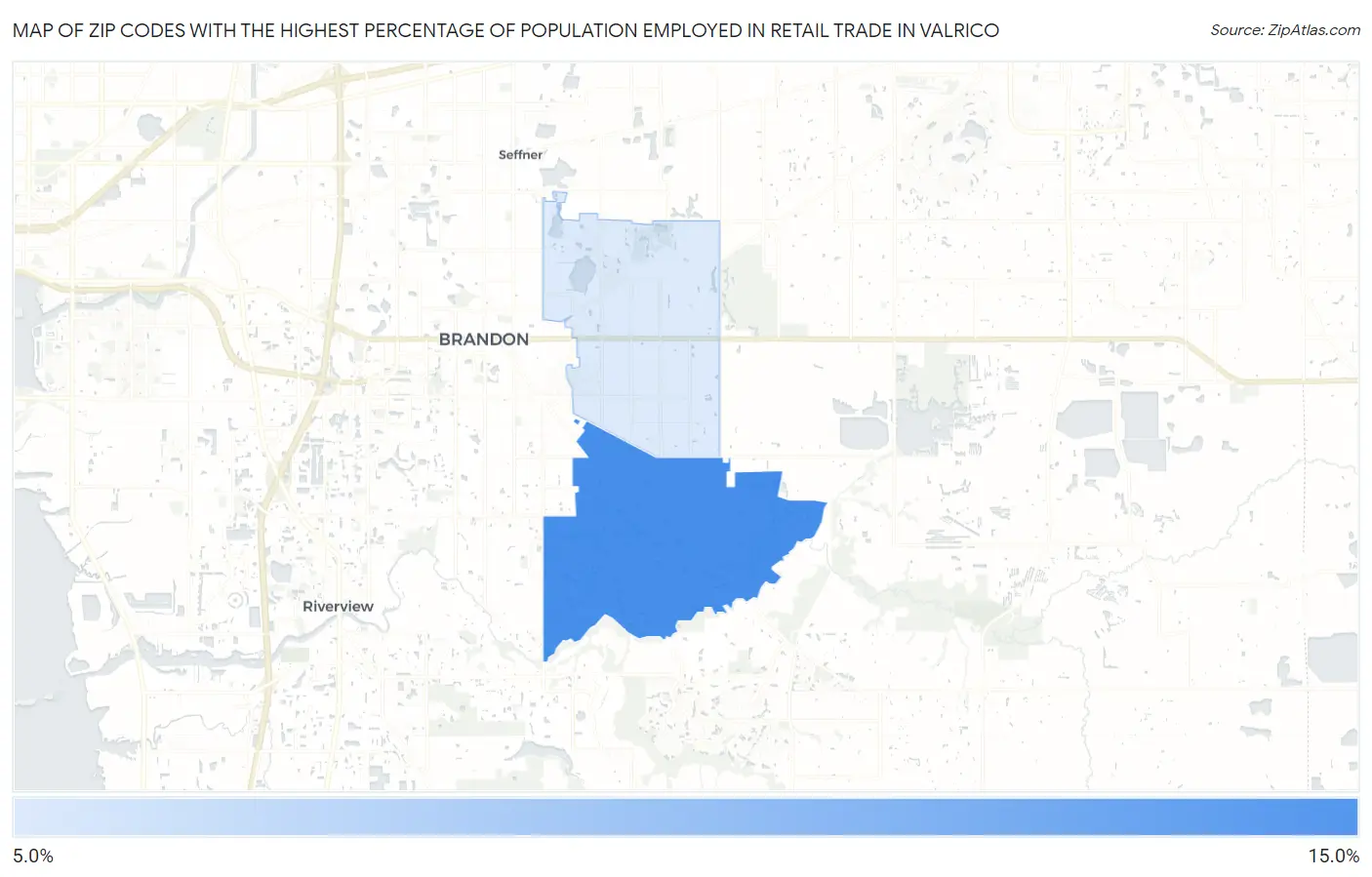 Zip Codes with the Highest Percentage of Population Employed in Retail Trade in Valrico Map