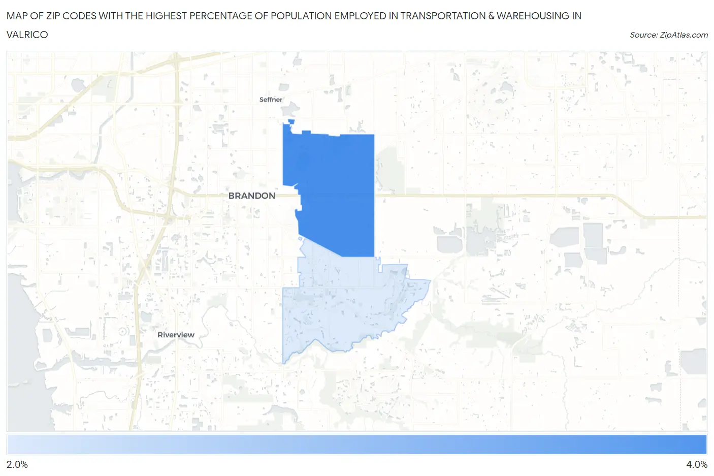 Zip Codes with the Highest Percentage of Population Employed in Transportation & Warehousing in Valrico Map
