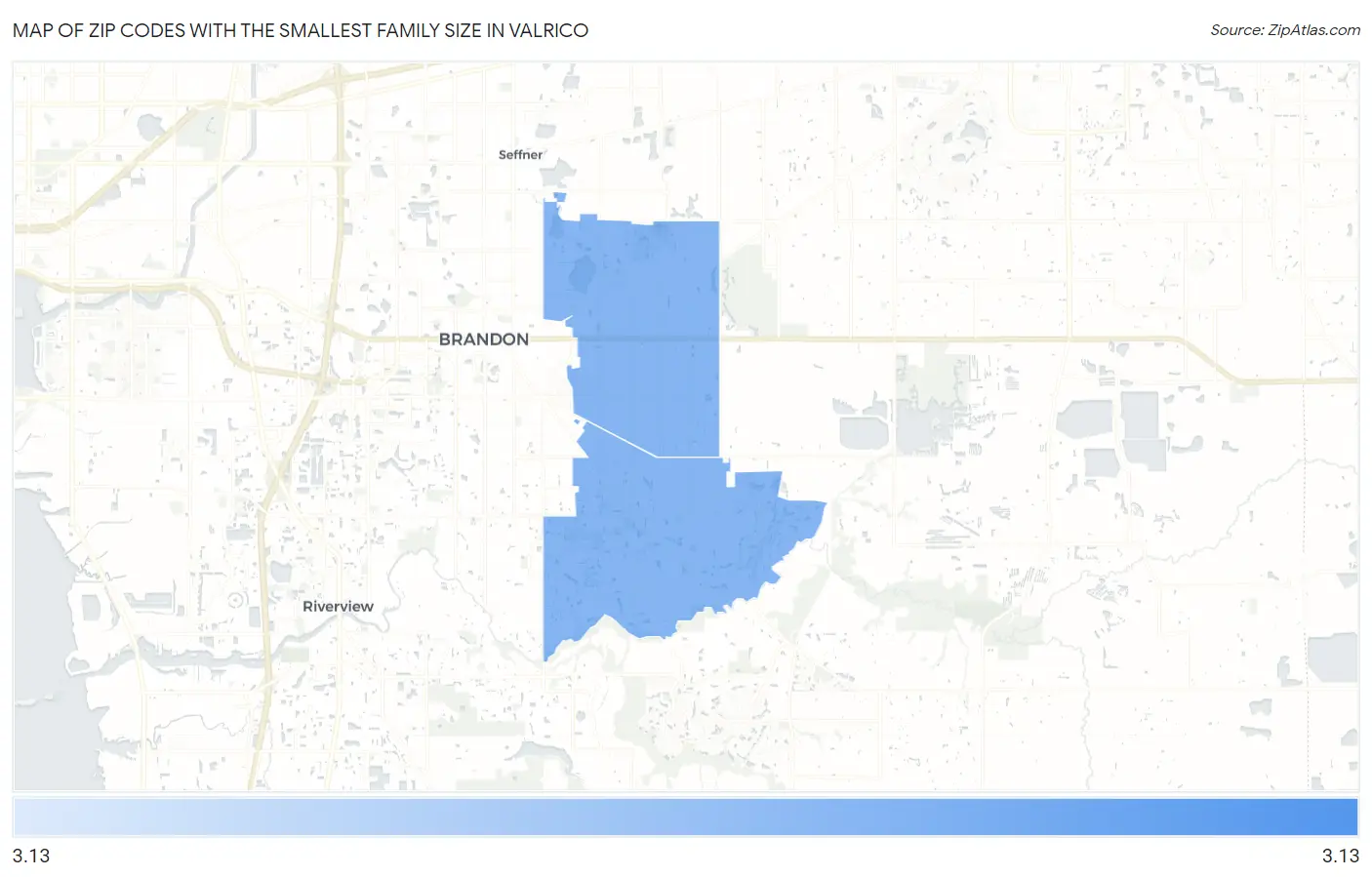 Zip Codes with the Smallest Family Size in Valrico Map