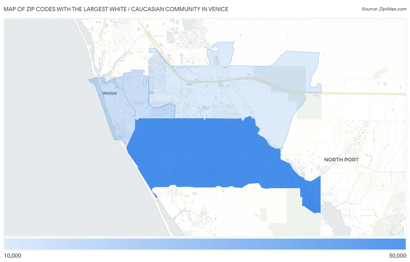 Zip Codes with the Largest White / Caucasian Community in Venice Map