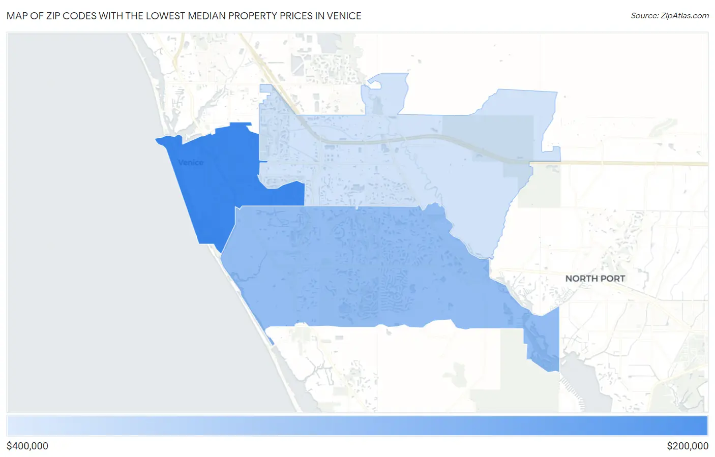 Zip Codes with the Lowest Median Property Prices in Venice Map