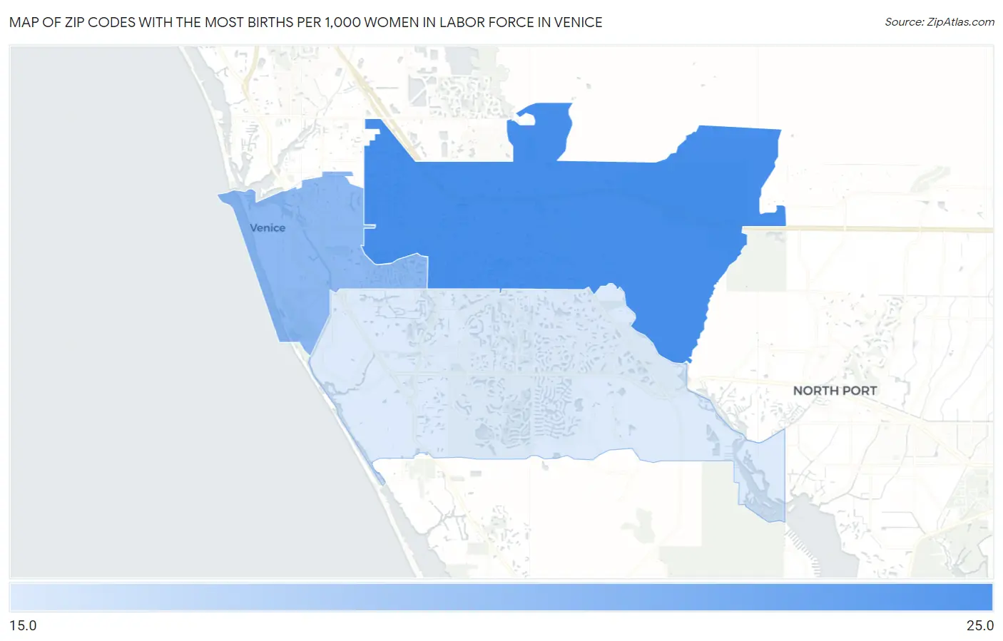 Zip Codes with the Most Births per 1,000 Women in Labor Force in Venice Map