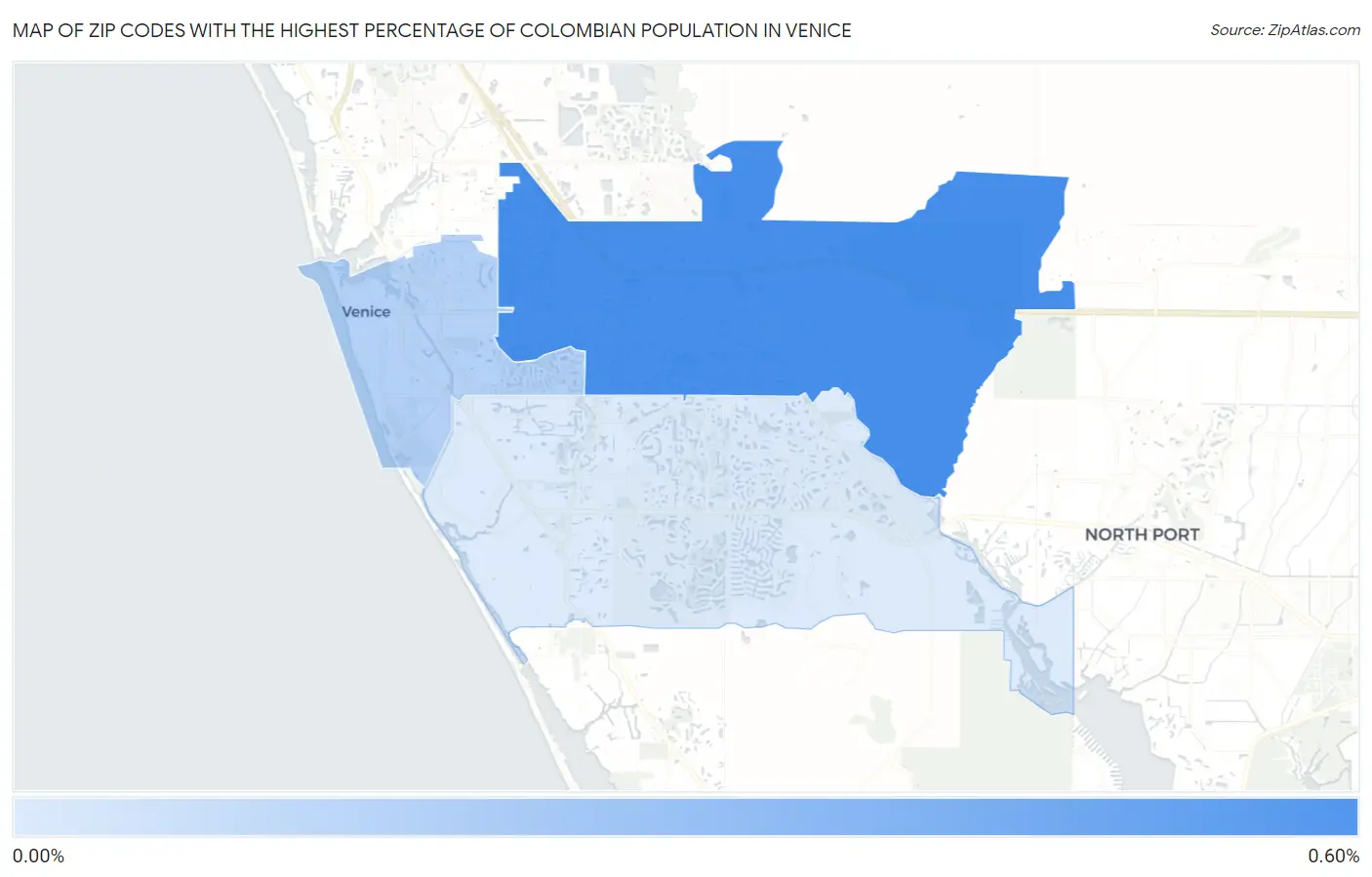 Zip Codes with the Highest Percentage of Colombian Population in Venice Map