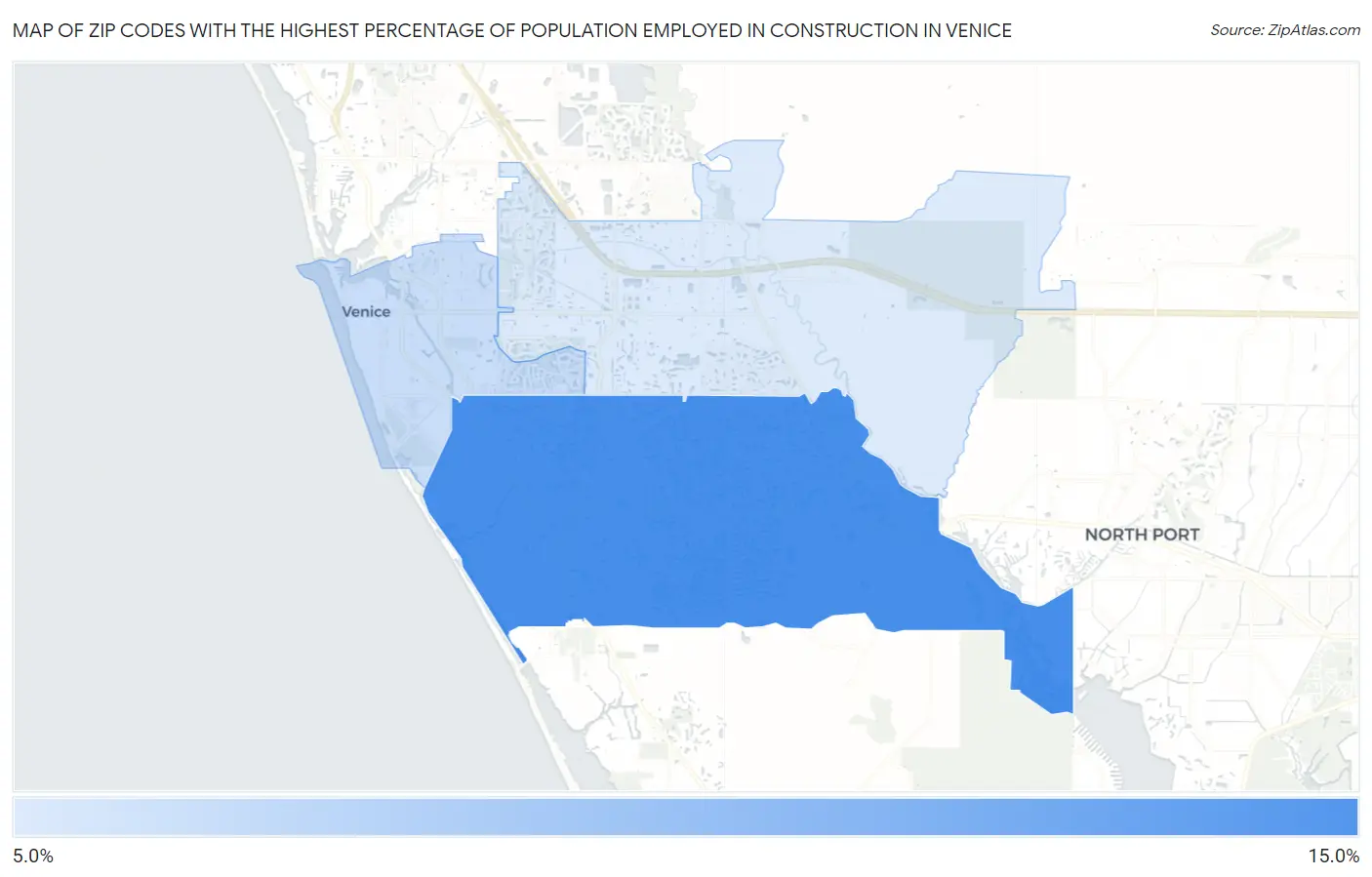 Zip Codes with the Highest Percentage of Population Employed in Construction in Venice Map