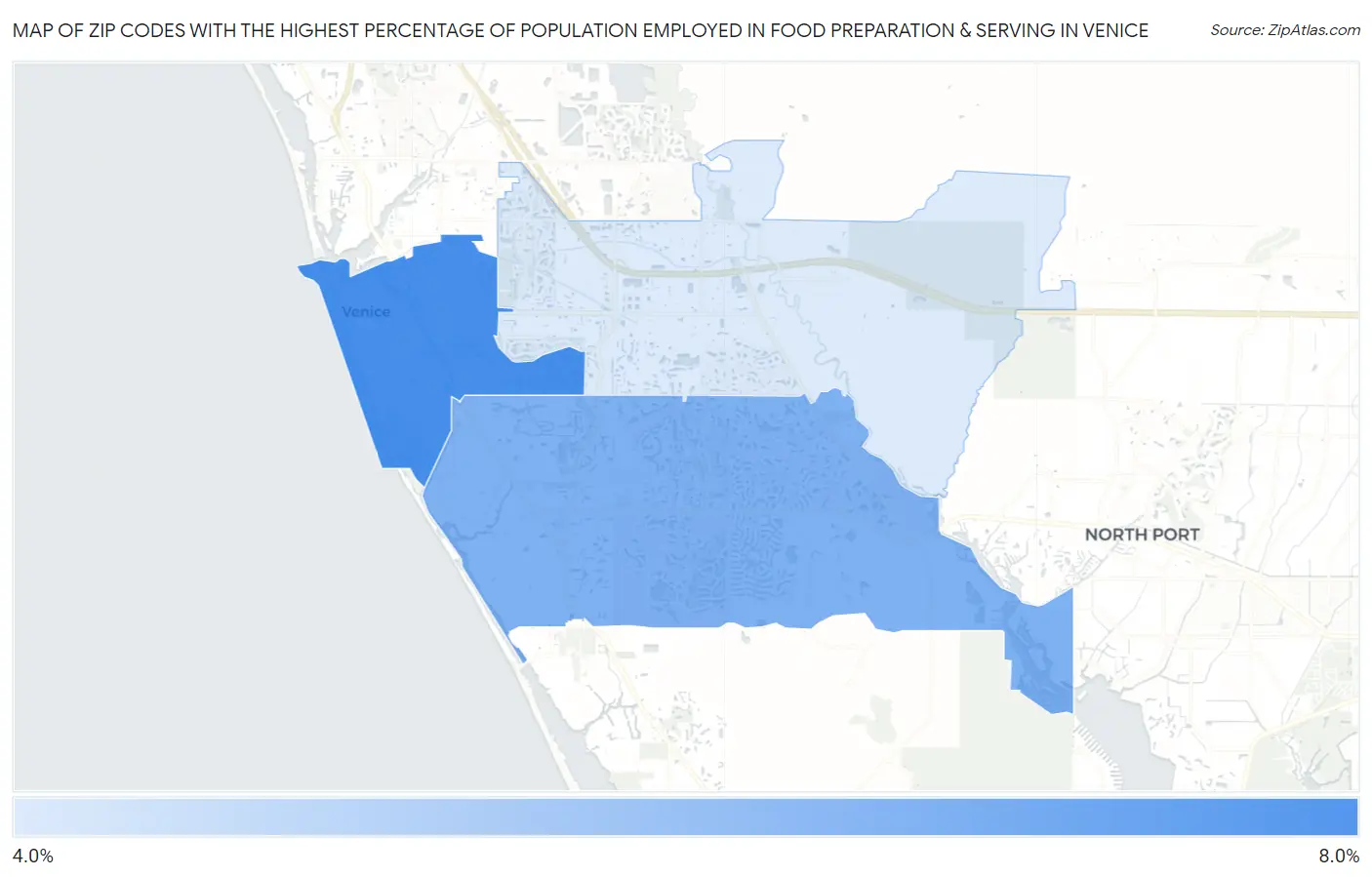 Zip Codes with the Highest Percentage of Population Employed in Food Preparation & Serving in Venice Map