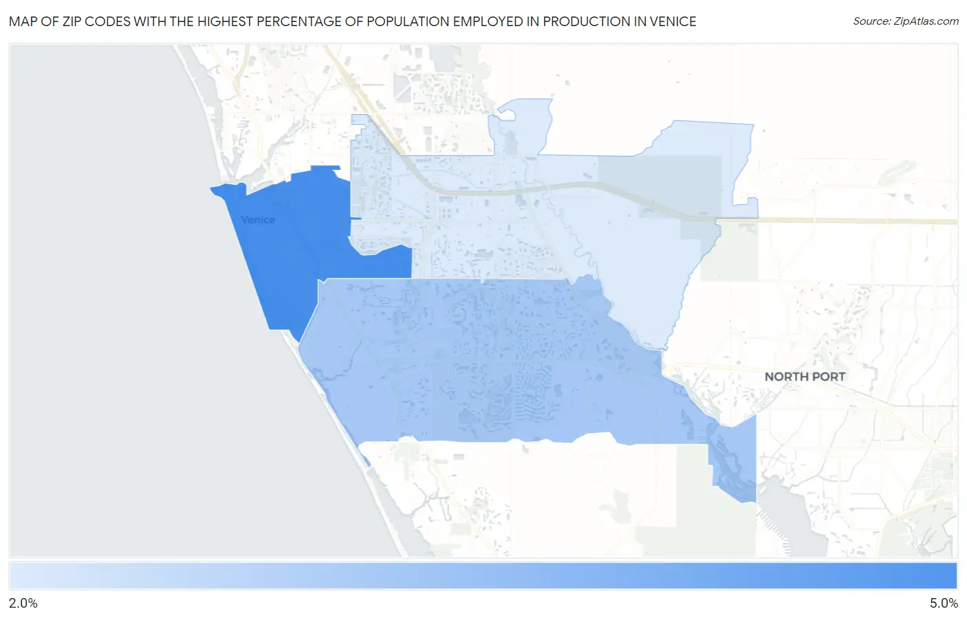 Zip Codes with the Highest Percentage of Population Employed in Production in Venice Map