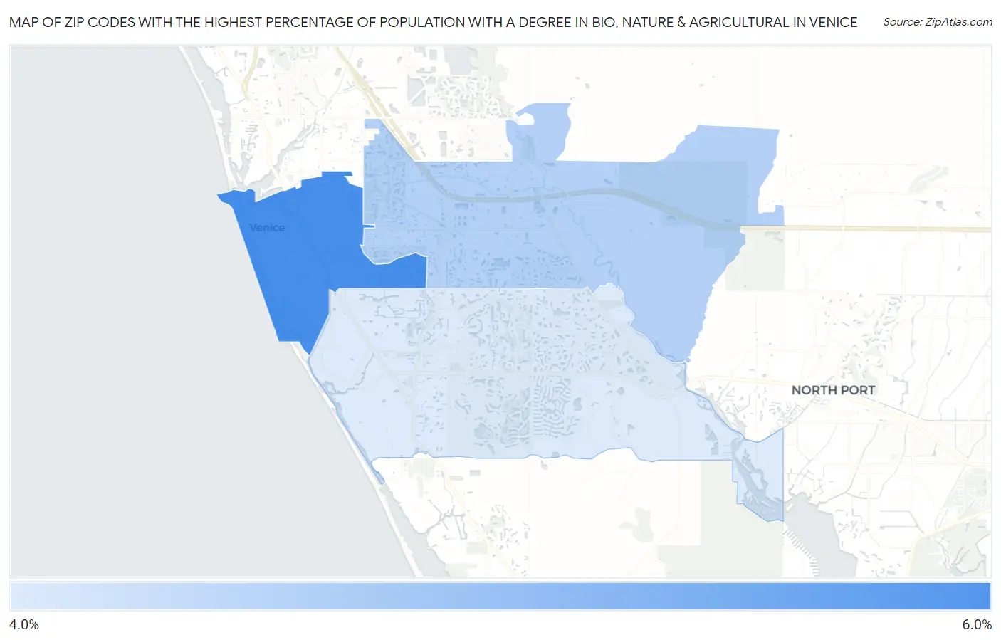 Zip Codes with the Highest Percentage of Population with a Degree in Bio, Nature & Agricultural in Venice Map