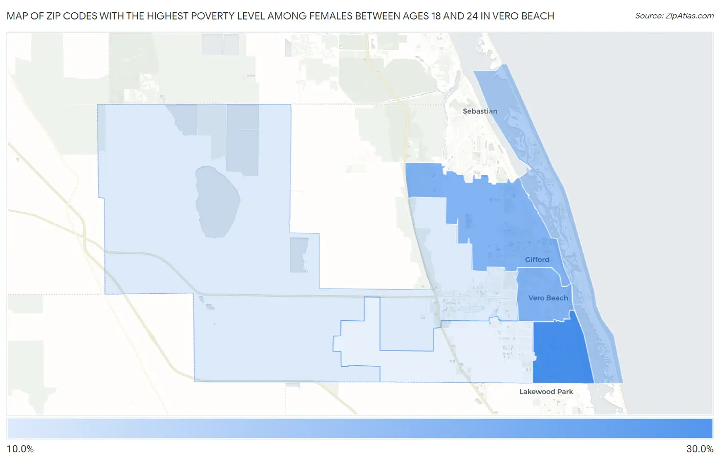 Zip Codes with the Highest Poverty Level Among Females Between Ages 18 and 24 in Vero Beach Map