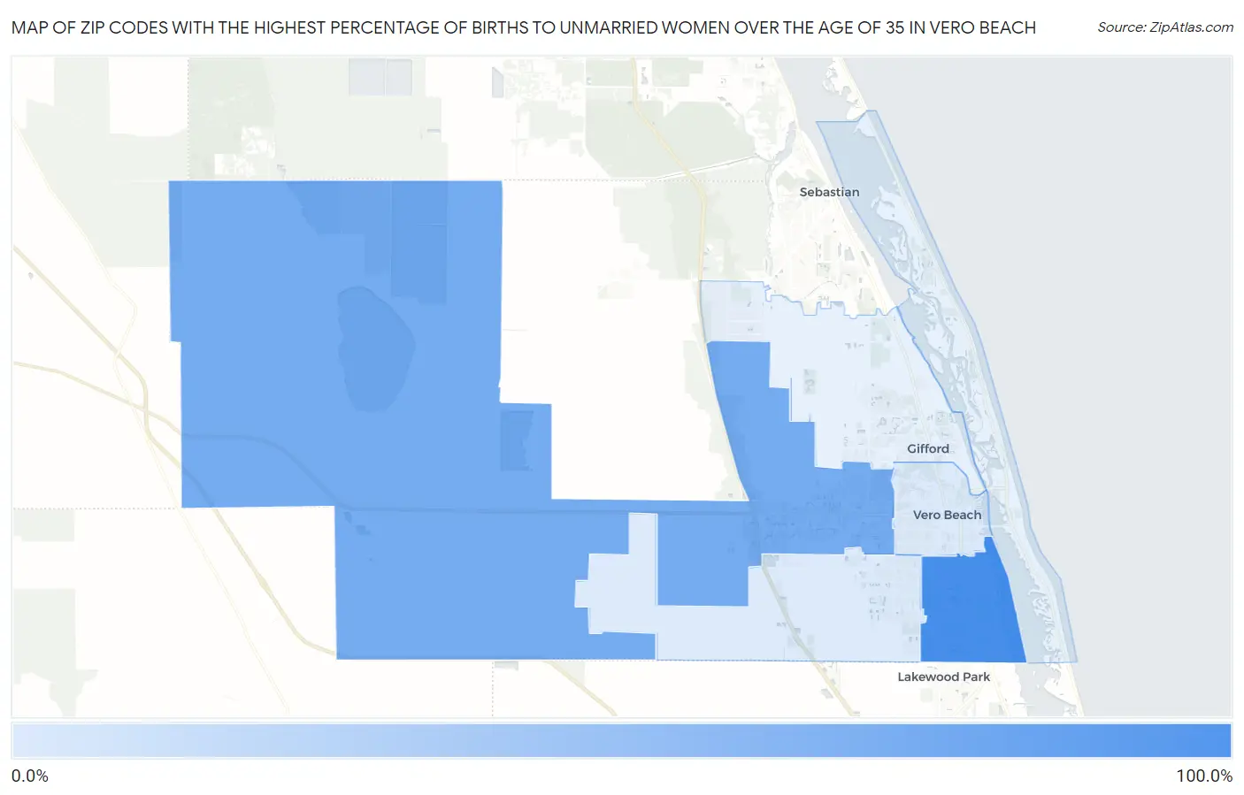 Zip Codes with the Highest Percentage of Births to Unmarried Women over the Age of 35 in Vero Beach Map