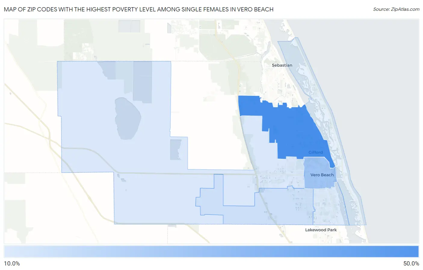 Zip Codes with the Highest Poverty Level Among Single Females in Vero Beach Map