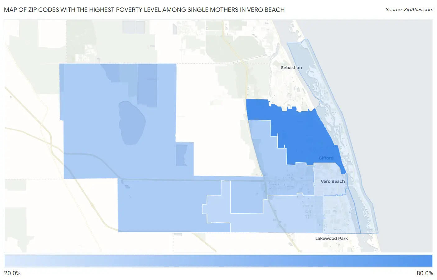 Zip Codes with the Highest Poverty Level Among Single Mothers in Vero Beach Map
