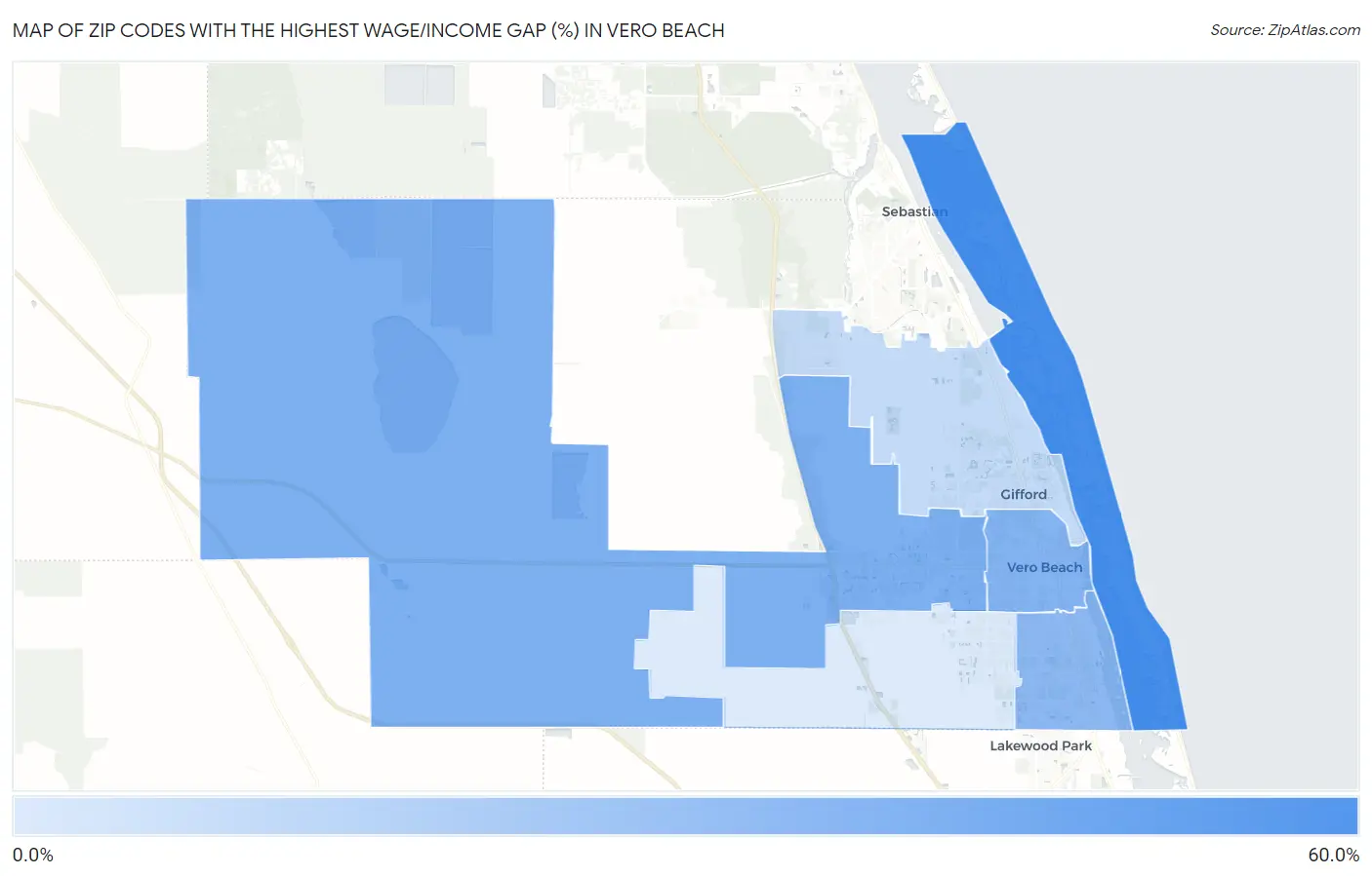 Zip Codes with the Highest Wage/Income Gap (%) in Vero Beach Map