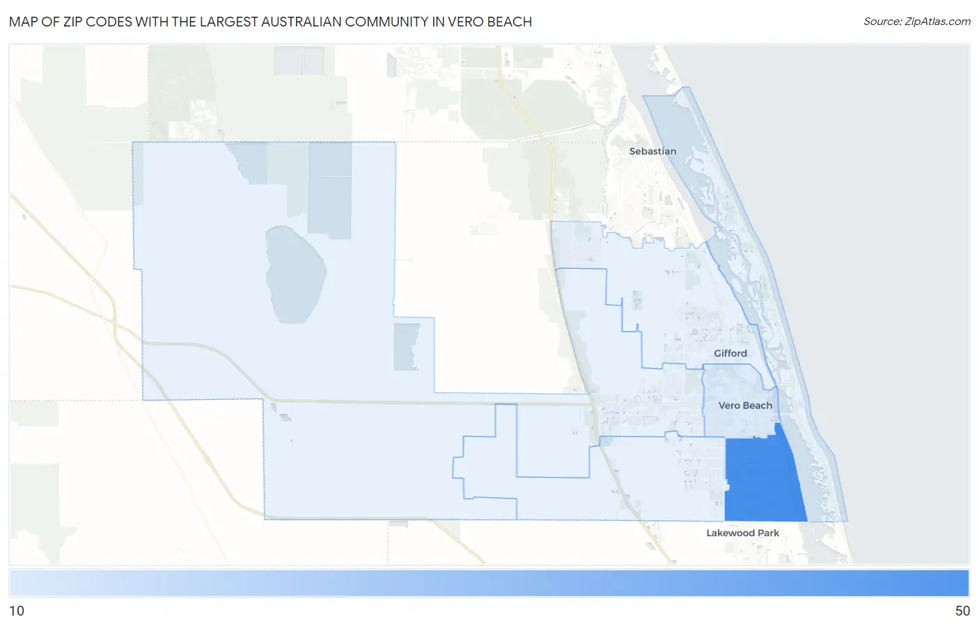 Zip Codes with the Largest Australian Community in Vero Beach Map