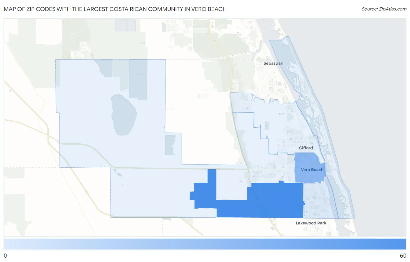 Zip Codes with the Largest Costa Rican Community in Vero Beach Map