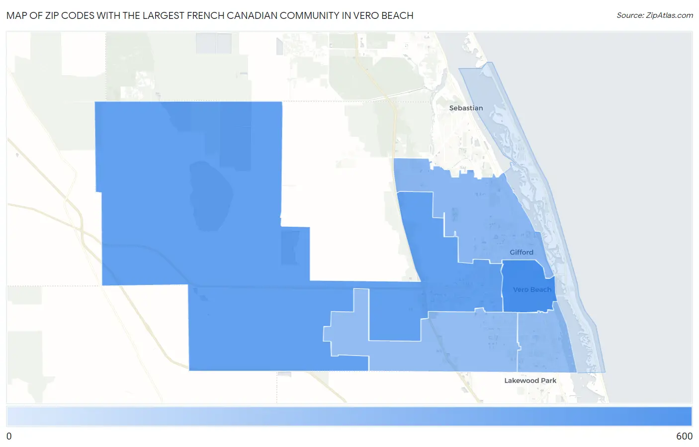 Zip Codes with the Largest French Canadian Community in Vero Beach Map