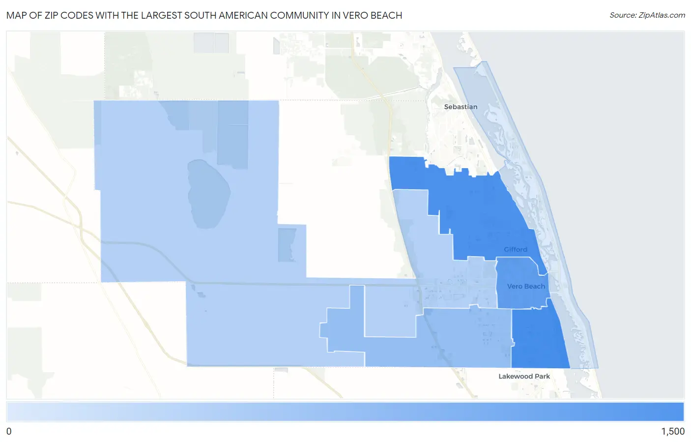 Zip Codes with the Largest South American Community in Vero Beach Map