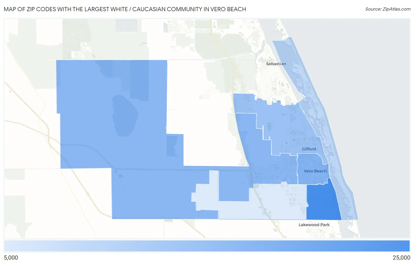 Zip Codes with the Largest White / Caucasian Community in Vero Beach Map