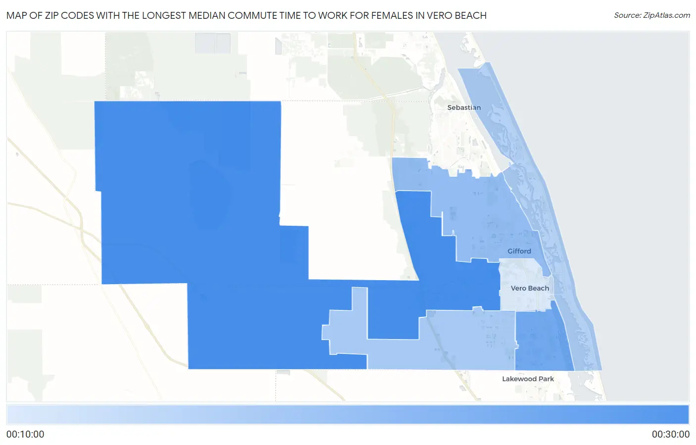 Zip Codes with the Longest Median Commute Time to Work for Females in Vero Beach Map