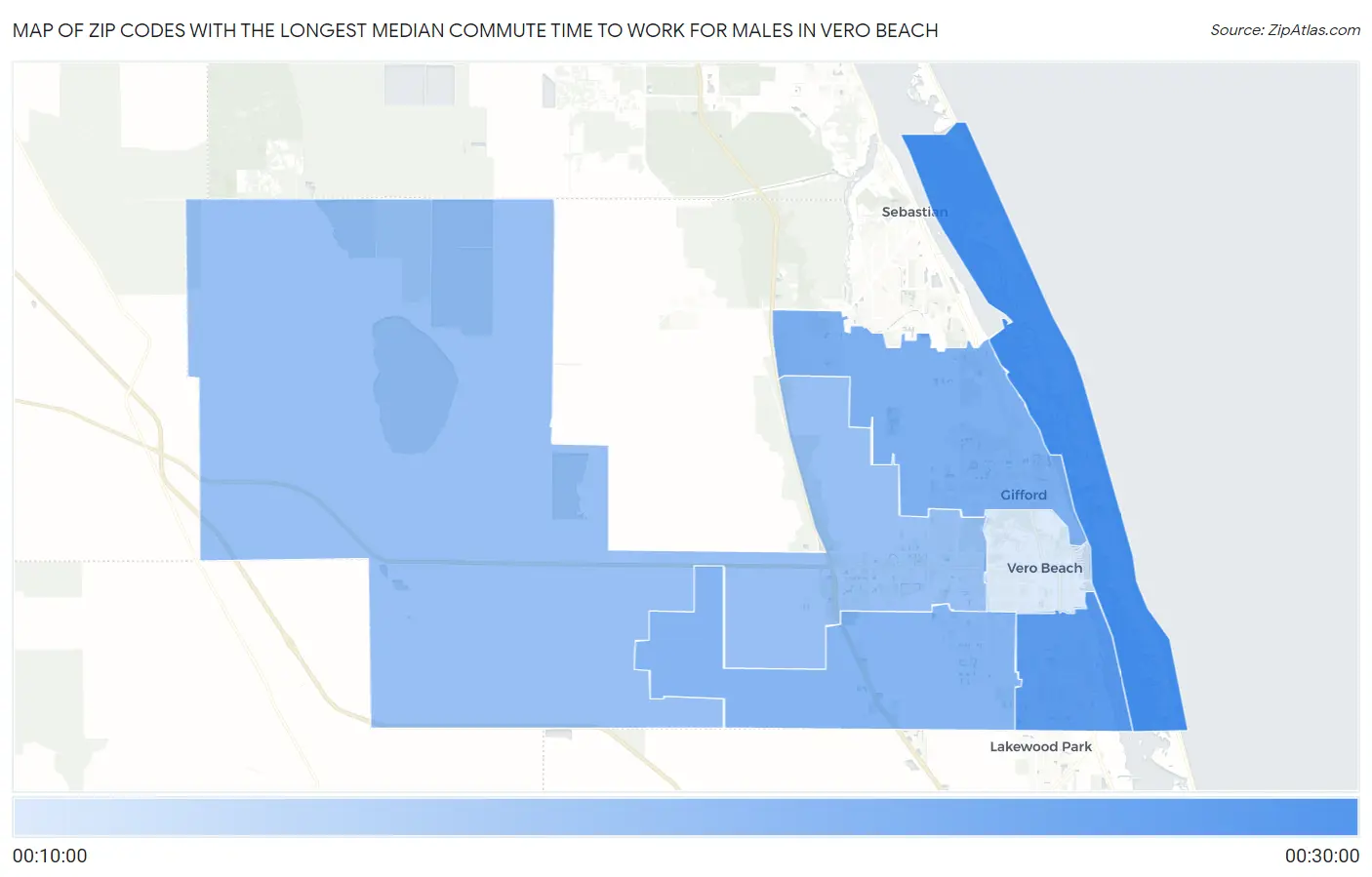 Zip Codes with the Longest Median Commute Time to Work for Males in Vero Beach Map