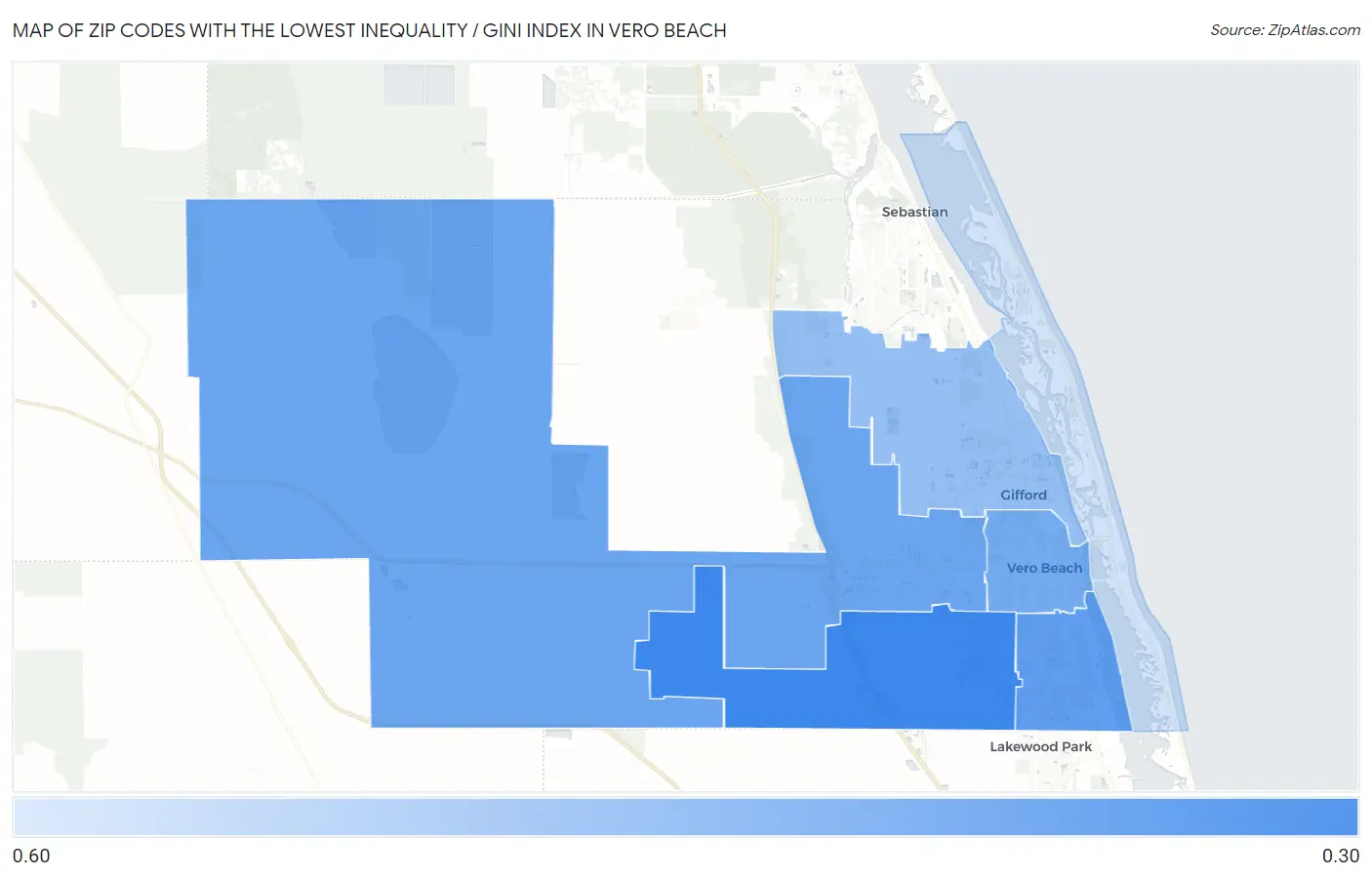 Zip Codes with the Lowest Inequality / Gini Index in Vero Beach Map