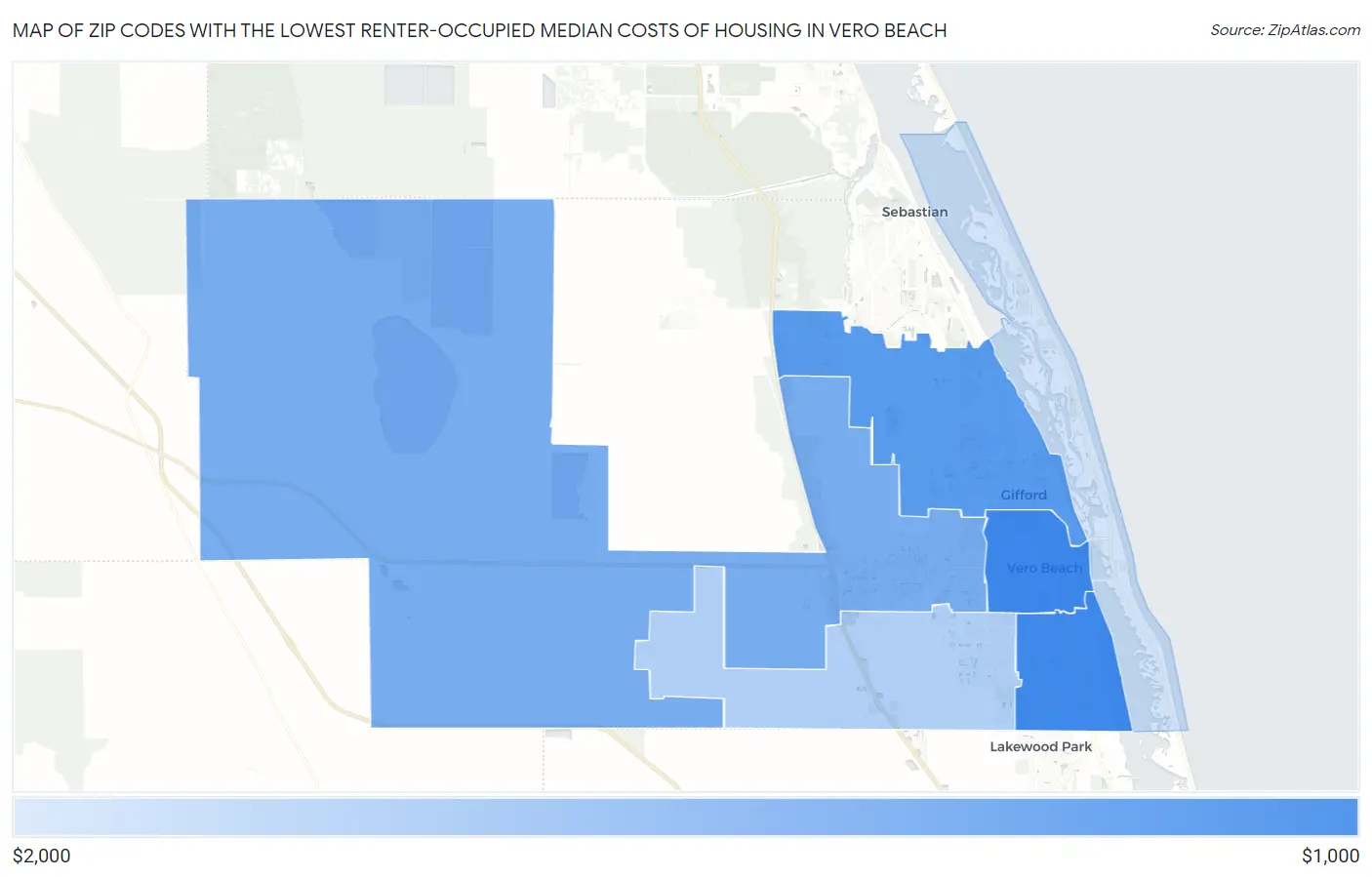 Zip Codes with the Lowest Renter-Occupied Median Costs of Housing in Vero Beach Map