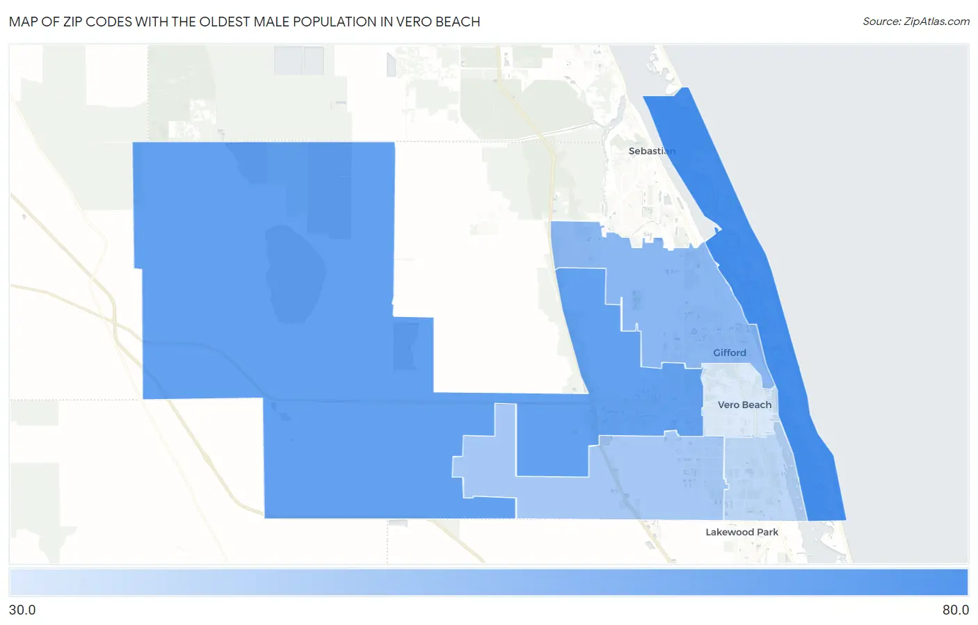 Zip Codes with the Oldest Male Population in Vero Beach Map