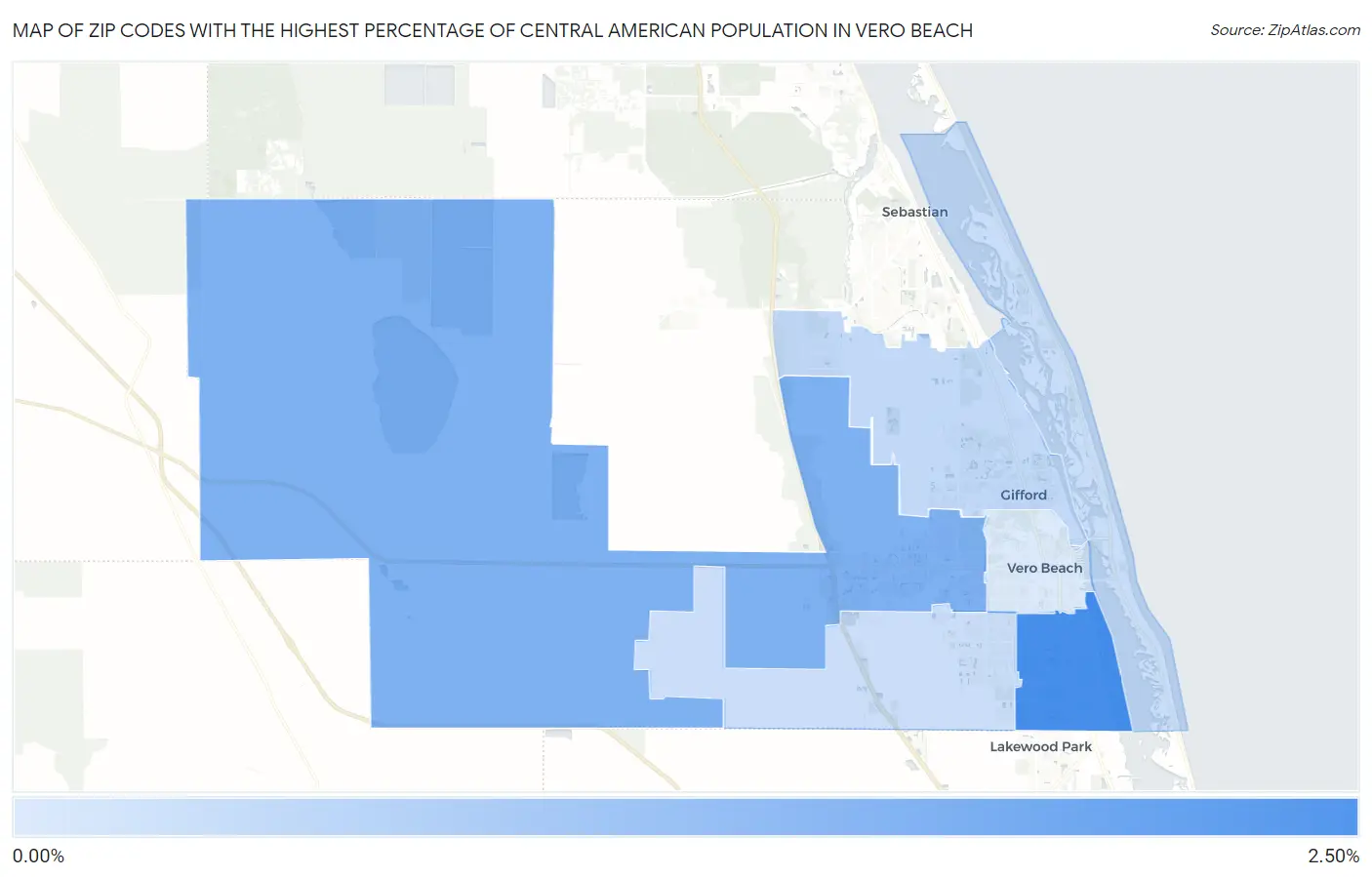 Zip Codes with the Highest Percentage of Central American Population in Vero Beach Map
