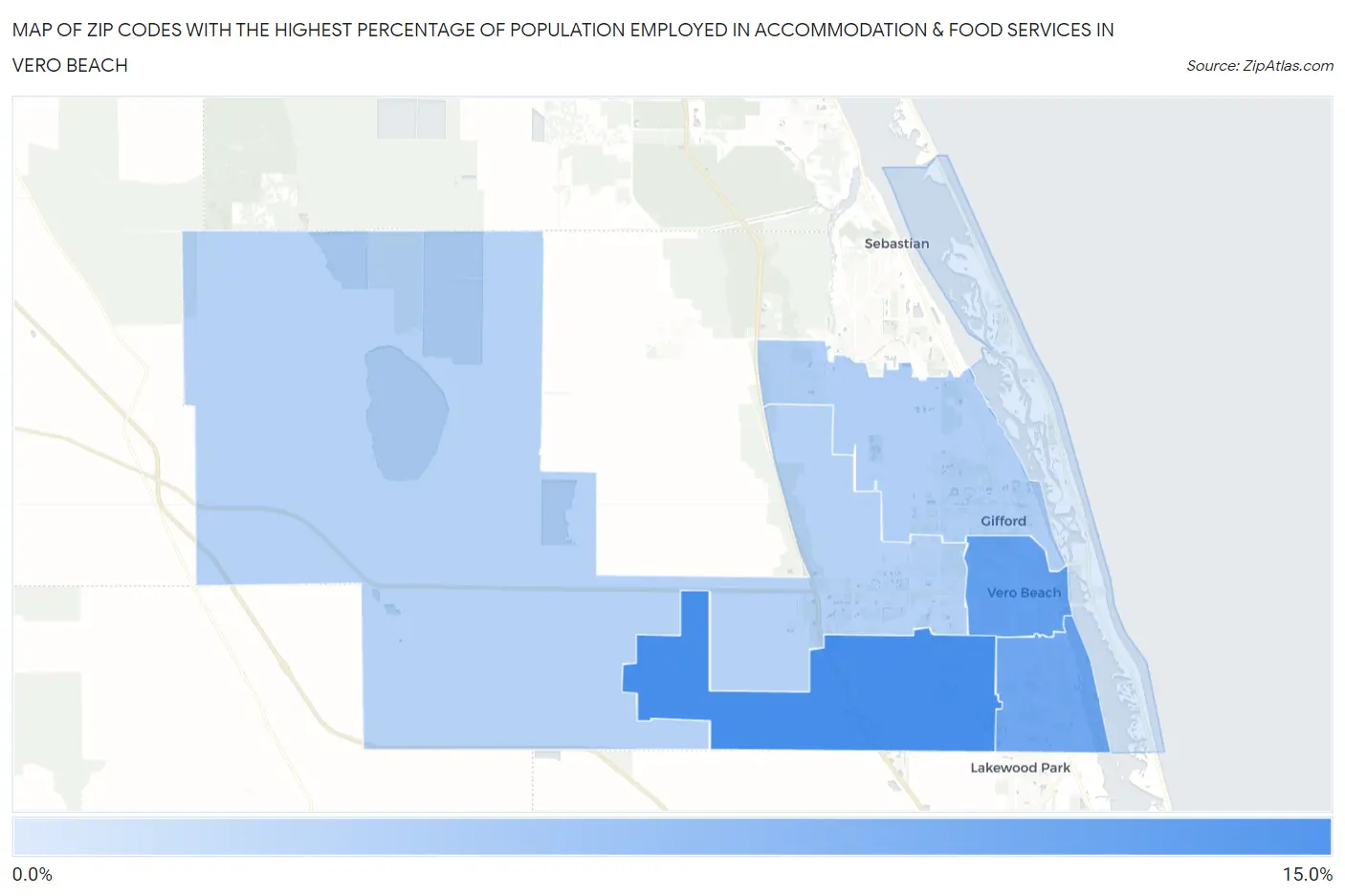 Zip Codes with the Highest Percentage of Population Employed in Accommodation & Food Services in Vero Beach Map
