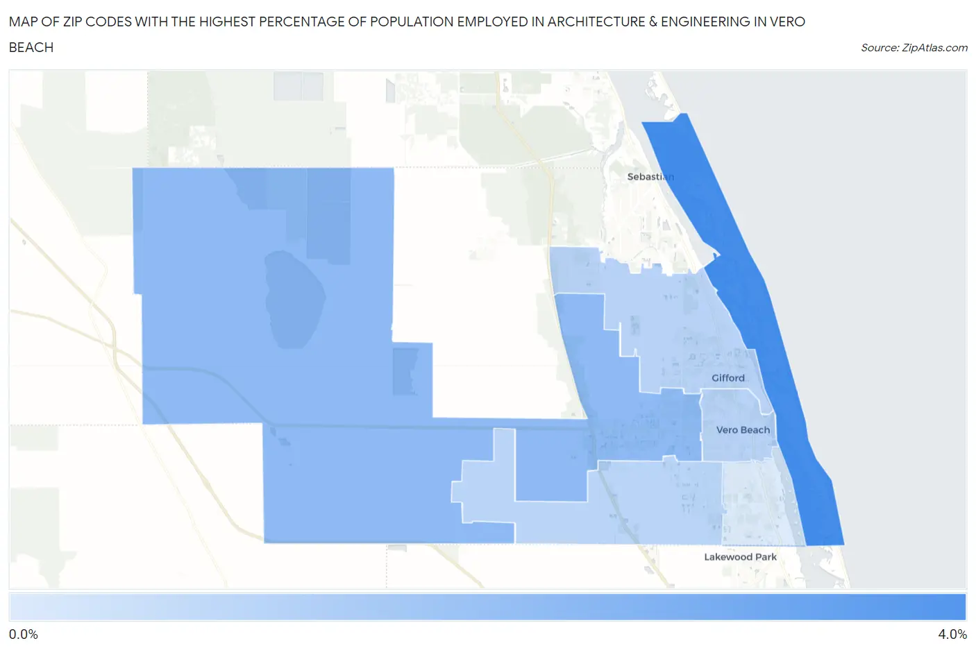 Zip Codes with the Highest Percentage of Population Employed in Architecture & Engineering in Vero Beach Map