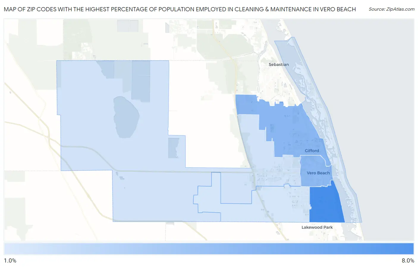 Zip Codes with the Highest Percentage of Population Employed in Cleaning & Maintenance in Vero Beach Map