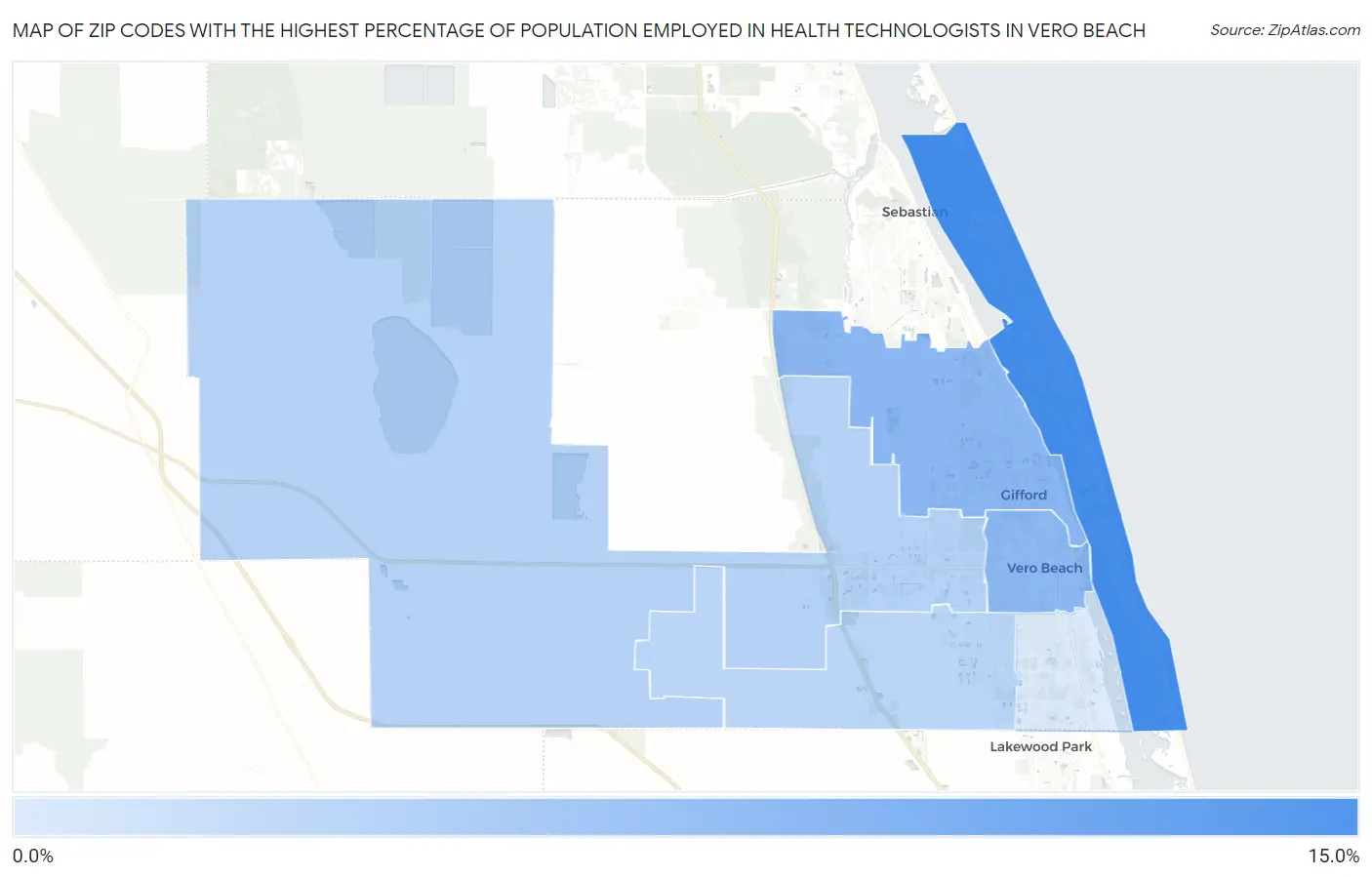 Zip Codes with the Highest Percentage of Population Employed in Health Technologists in Vero Beach Map