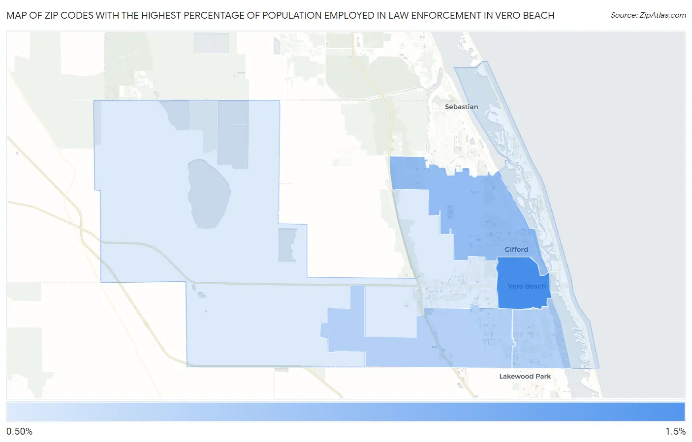 Zip Codes with the Highest Percentage of Population Employed in Law Enforcement in Vero Beach Map