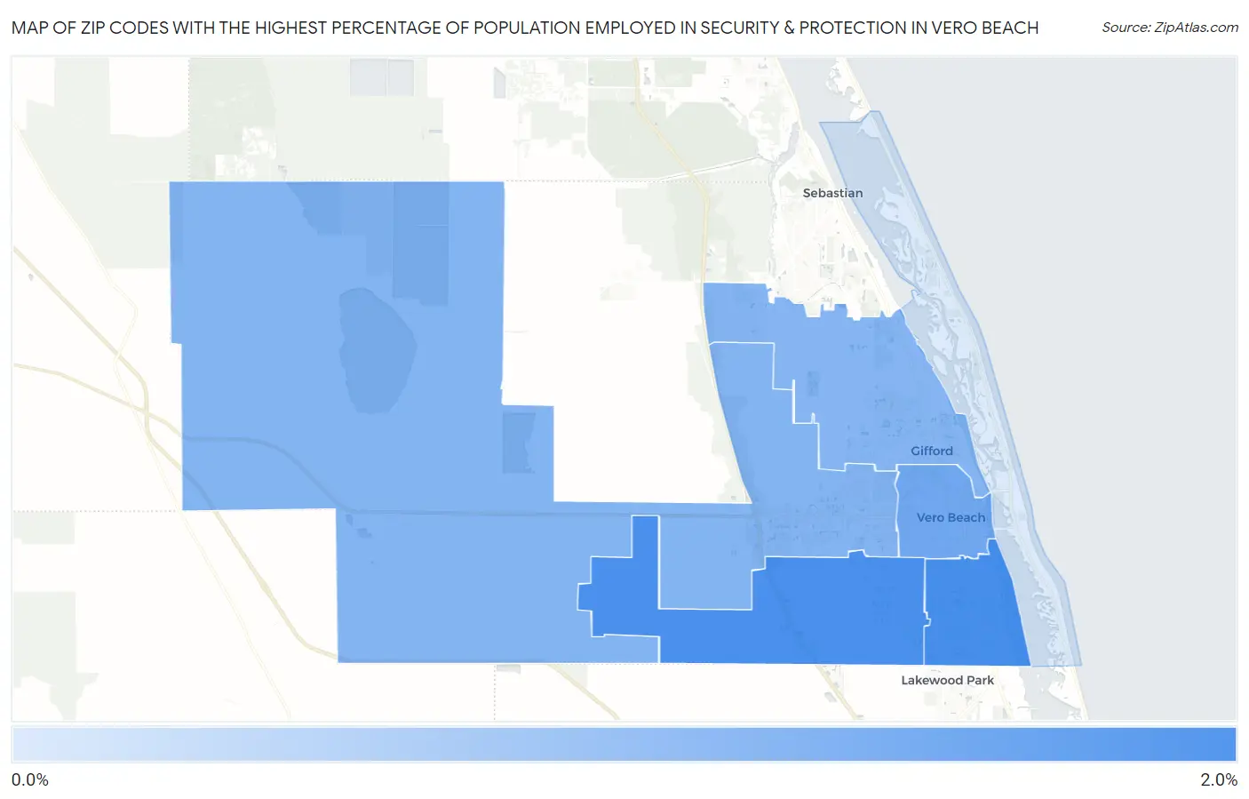 Zip Codes with the Highest Percentage of Population Employed in Security & Protection in Vero Beach Map