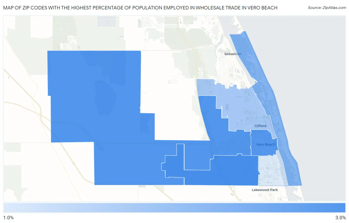 Zip Codes with the Highest Percentage of Population Employed in Wholesale Trade in Vero Beach Map