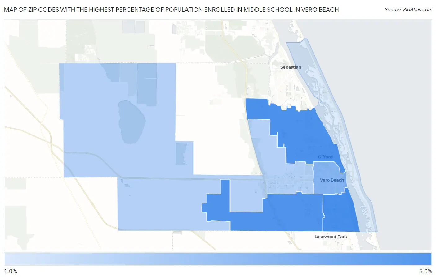 Zip Codes with the Highest Percentage of Population Enrolled in Middle School in Vero Beach Map