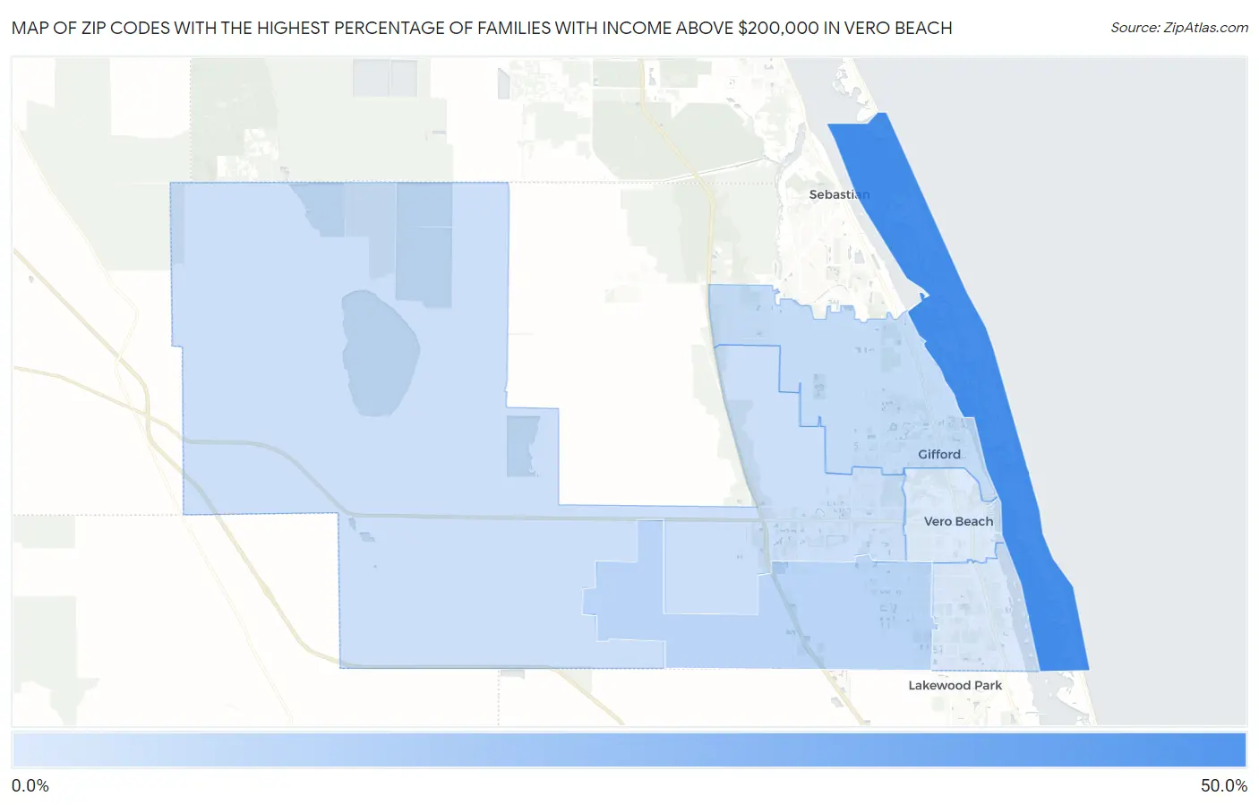 Zip Codes with the Highest Percentage of Families with Income Above $200,000 in Vero Beach Map