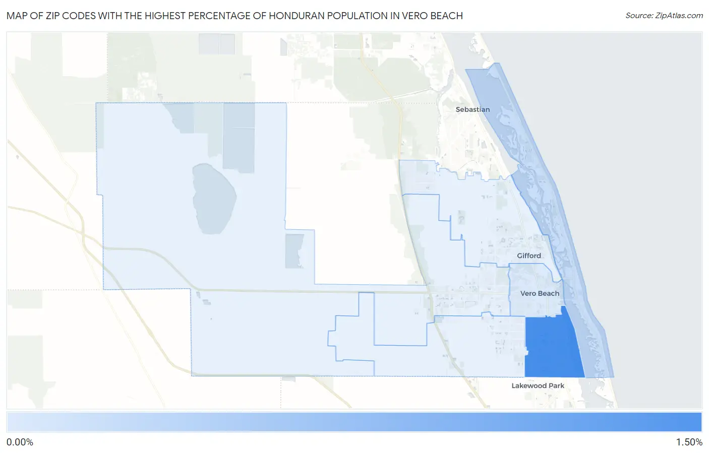 Zip Codes with the Highest Percentage of Honduran Population in Vero Beach Map
